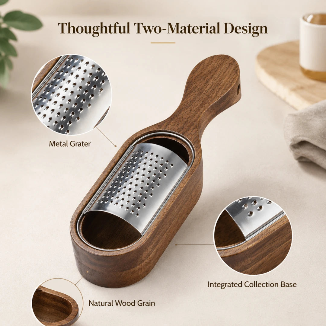 Josh & Tate - GrateTrough™ Wooden Cheese Grater - A wooden handheld grater with a stainless steel metal grating surface, shown on a light beige surface with callout circles highlighting the metal grater, natural wood grain, and integrated collection base. Text at the top reads 'Thoughtful Two-Material Design'.