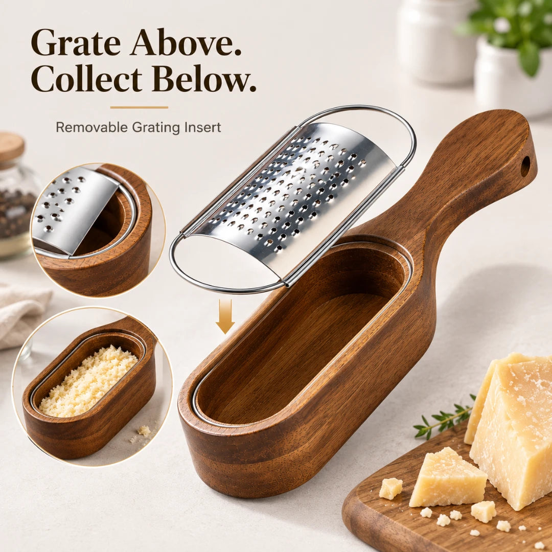 Josh & Tate - GrateTrough™ Wooden Cheese Grater - A wooden handheld grater with a removable stainless steel grating insert, shown on a light neutral surface with cheese wedges and a small herb sprig nearby. Text at the top reads 'Grate Above.