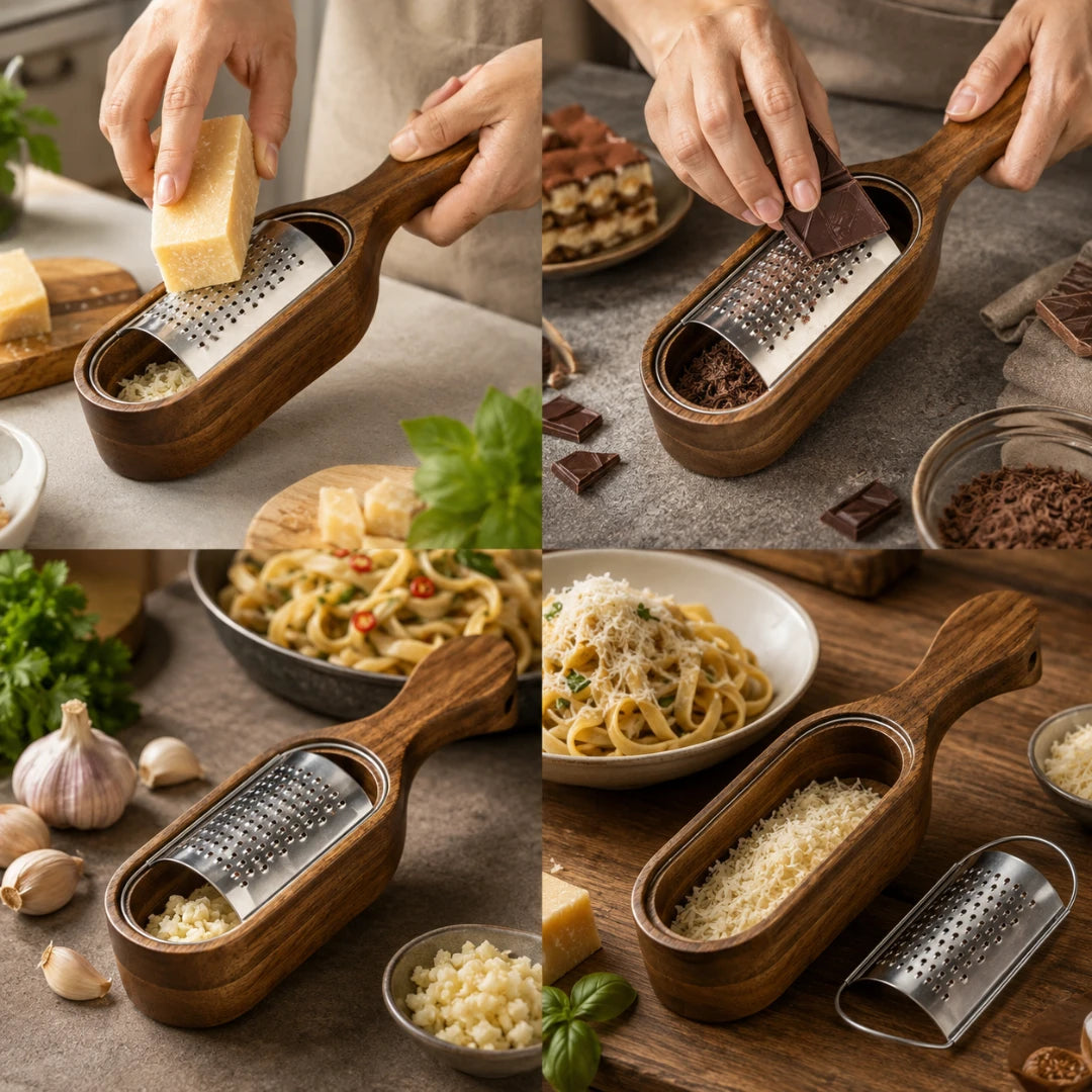 Josh & Tate - GrateTrough™ Wooden Cheese Grater - A 2x2 collage showing a wooden handheld grater in use with cheese, chocolate, pasta, and garlic. Hands are visible in the top two panels, and the grater is shown with grated cheese and a detached metal grating end on a rustic kitchen table setting.