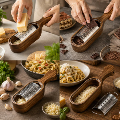 Josh & Tate - GrateTrough™ Wooden Cheese Grater - A 2x2 collage showing a wooden handheld grater in use with cheese, chocolate, pasta, and garlic. Hands are visible in the top two panels, and the grater is shown with grated cheese and a detached metal grating end on a rustic kitchen table setting.