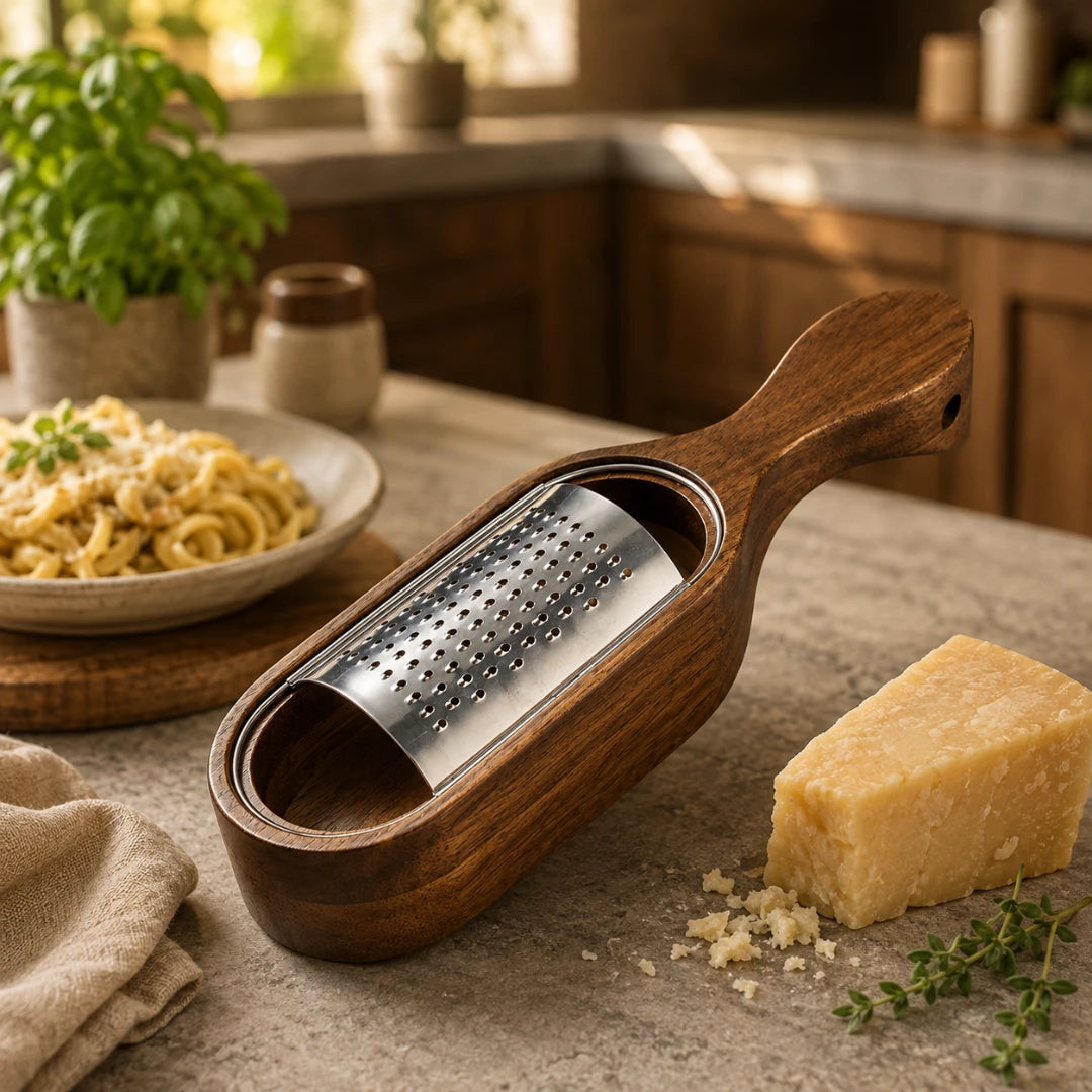 Josh & Tate - GrateTrough™ Wooden Cheese Grater - A wooden-handled metal cheese grater resting on a kitchen countertop, with a wedge of Parmesan cheese, a plate of pasta, and herbs nearby in a warm kitchen setting.