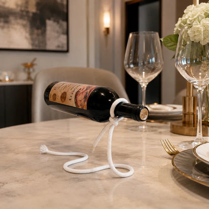 Josh & Tate - GravityKnot™ Floating Wine Holder - A dark wine bottle rests horizontally on a white rope bottle holder set on a light marble dining table, with wine glasses, plates, and a blurred interior background.