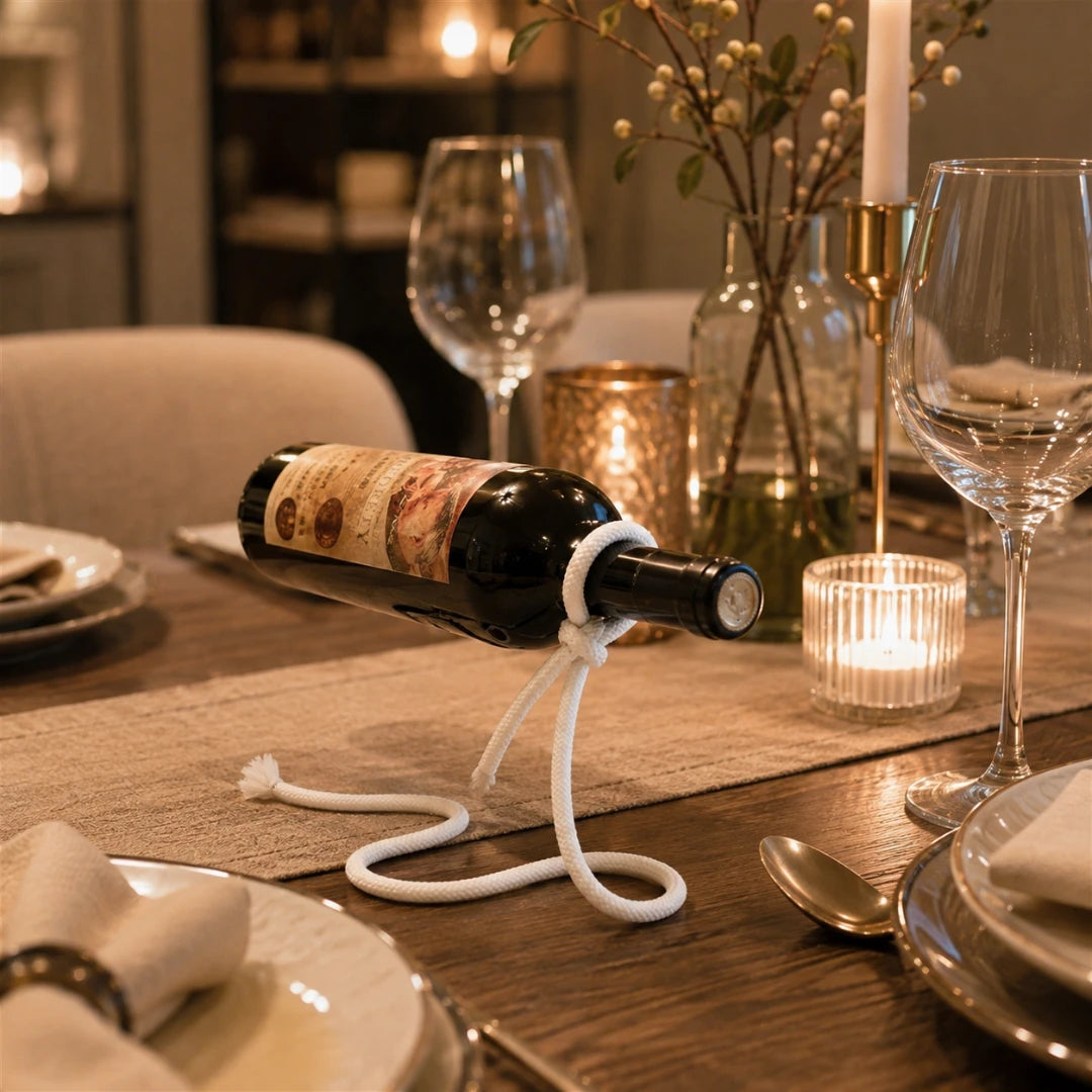 Josh & Tate - GravityKnot™ Floating Wine Holder - A dark wine bottle rests horizontally on a white rope stand set on a wooden dining table, surrounded by wine glasses, candles, and place settings in a warmly lit restaurant or home setting.