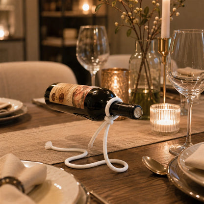 Josh & Tate - GravityKnot™ Floating Wine Holder - A dark wine bottle rests horizontally on a white rope stand set on a wooden dining table, surrounded by wine glasses, candles, and place settings in a warmly lit restaurant or home setting.
