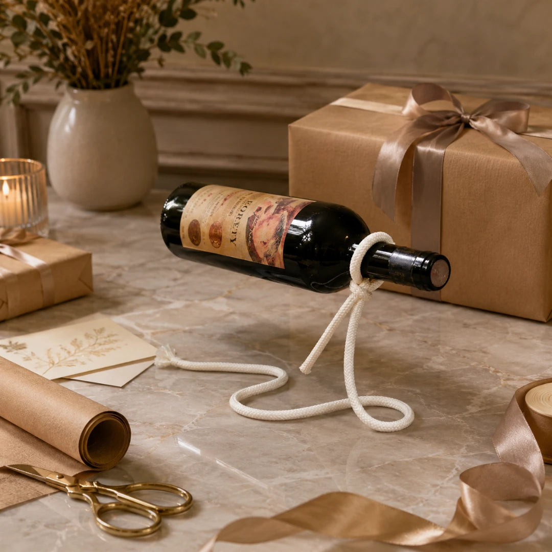 Josh & Tate - GravityKnot™ Floating Wine Holder - A dark wine bottle with a cream rope threaded through its neck lies on a marble tabletop, surrounded by gift-wrapping supplies including brown kraft paper, satin ribbon, scissors, and a wrapped gift box in the background.