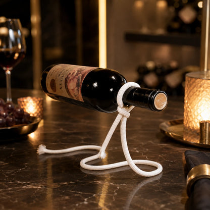 Josh & Tate - GravityKnot™ Floating Wine Holder - A dark wine bottle resting horizontally on a white rope stand set on a polished dark marble table in a warm, dimly lit bar or dining setting.