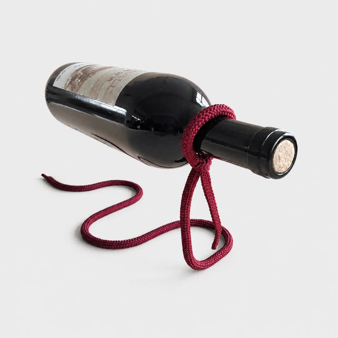 Josh & Tate - GravityKnot™ Floating Wine Holder - A dark glass wine bottle with a cork, wrapped with a red braided rope that loops and drapes below it, photographed on a clean light gray background.