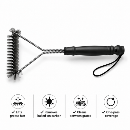 Josh & Tate - GrillBrush™ Stainless Grate Cleaner - A black metal and plastic grill cleaning brush with a loop handle, shown on a white background with four feature icons and text below.