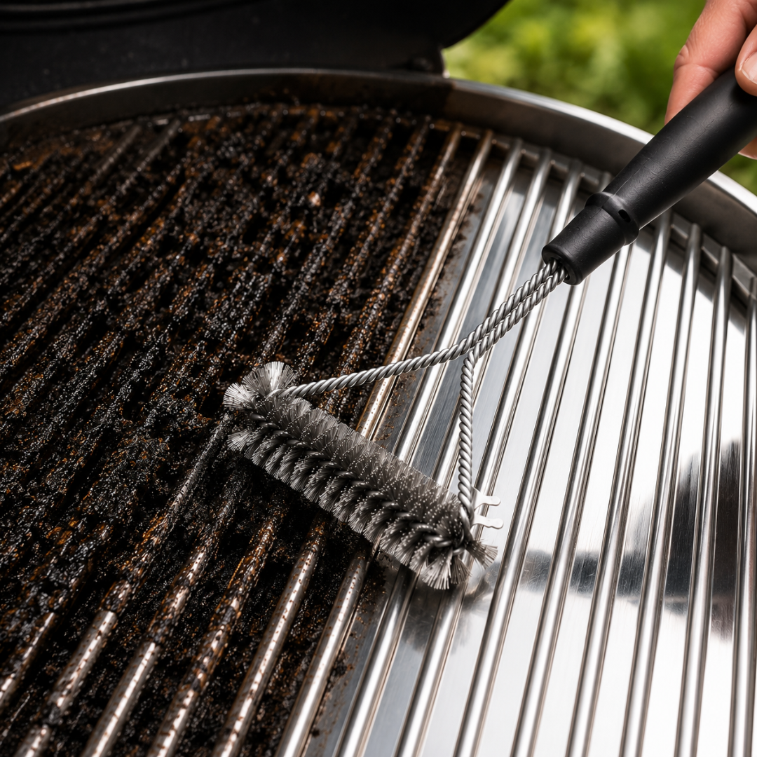 Josh & Tate - GrillBrush™ Stainless Grate Cleaner - A close-up of a hand using a wire grill brush with a black handle to clean a stainless steel grill with dark charred grates.