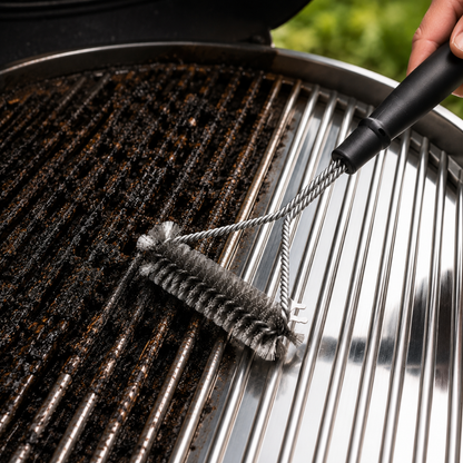 Josh & Tate - GrillBrush™ Stainless Grate Cleaner - A close-up of a hand using a wire grill brush with a black handle to clean a stainless steel grill with dark charred grates.