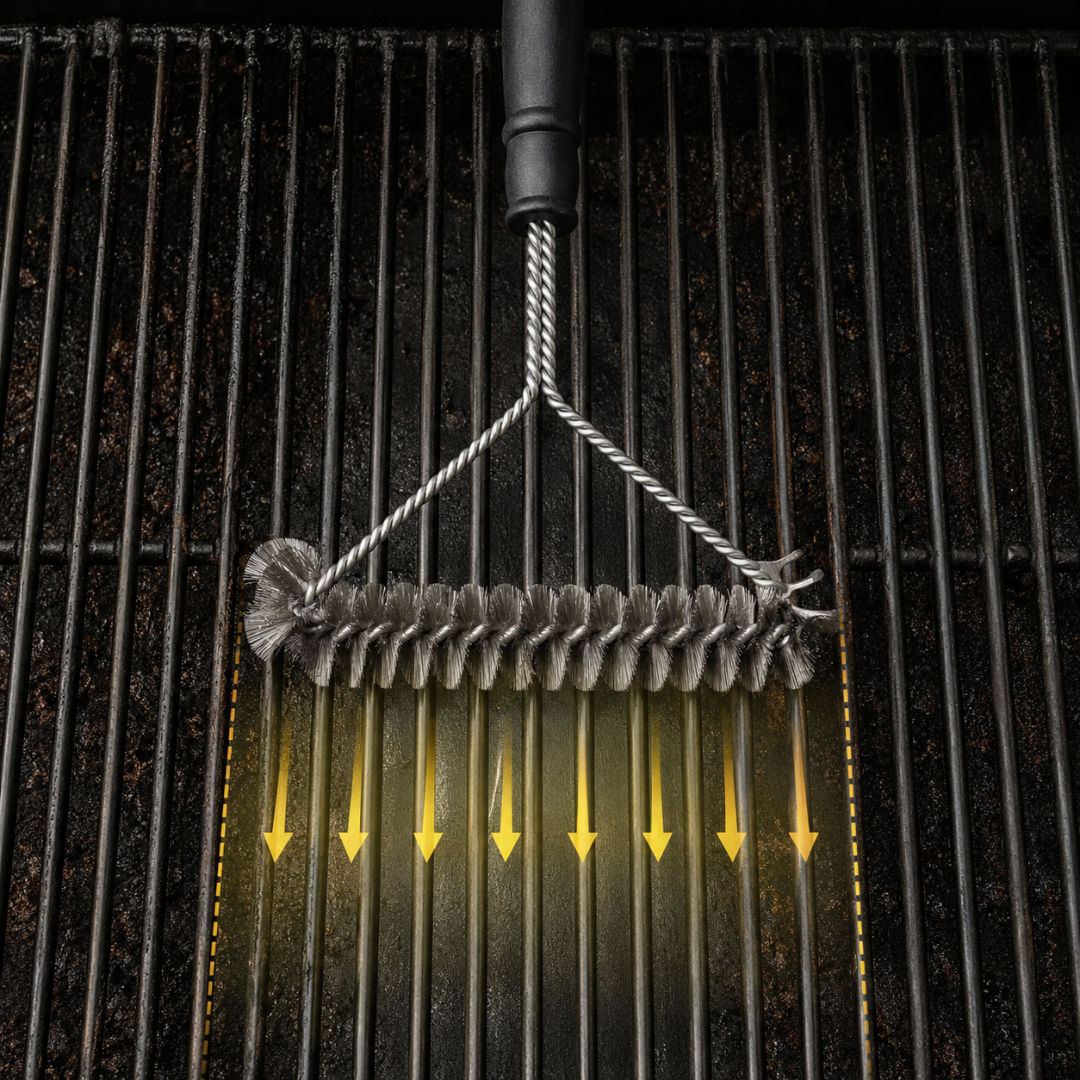 Josh & Tate - GrillBrush™ Stainless Grate Cleaner - A close-up of a stainless steel wire grill brush being pulled down over a black metal grill grate, with yellow arrows indicating downward motion and cleaning action.