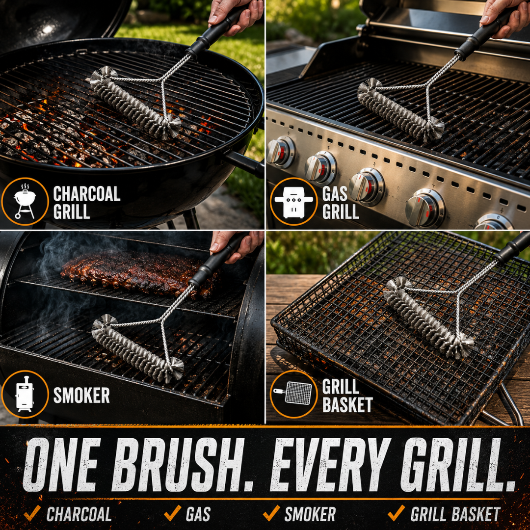 Josh & Tate - GrillBrush™ Stainless Grate Cleaner -  A four-panel collage showing a stainless steel grill cleaning brush with a long handle being used on different types of grills: charcoal grill, gas grill, smoker, and grill basket. The bottom of the image features a black banner with the text 'ONE BRUSH.