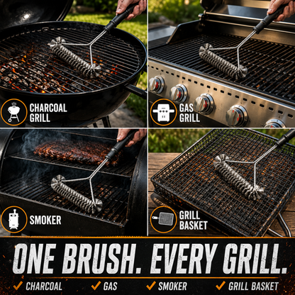 Josh & Tate - GrillBrush™ Stainless Grate Cleaner -  A four-panel collage showing a stainless steel grill cleaning brush with a long handle being used on different types of grills: charcoal grill, gas grill, smoker, and grill basket. The bottom of the image features a black banner with the text 'ONE BRUSH.