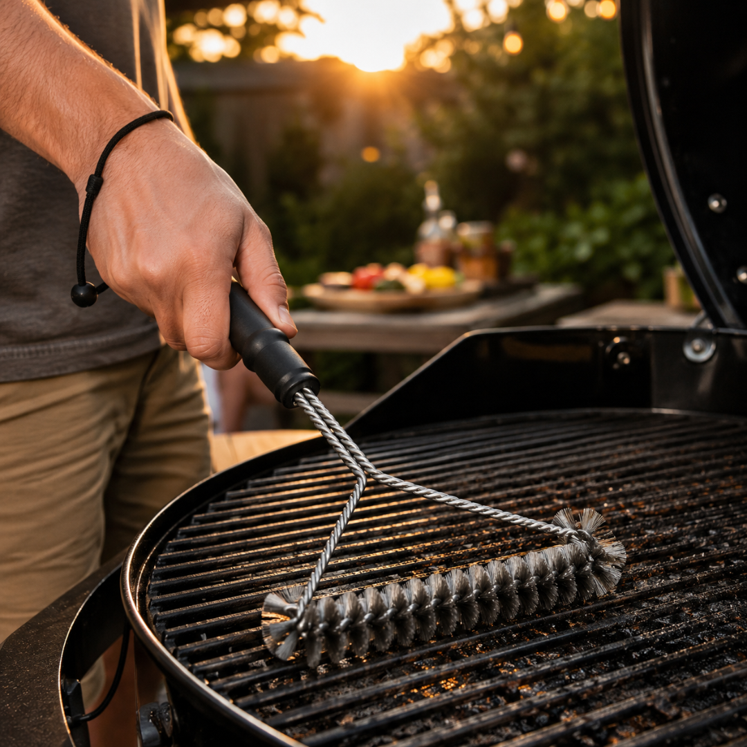Josh & Tate - GrillBrush™ Stainless Grate Cleaner - A close-up of a person's hand using a wire grill brush to clean the black grates of a round barbecue grill outdoors at sunset.
