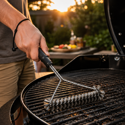 Josh & Tate - GrillBrush™ Stainless Grate Cleaner - A close-up of a person's hand using a wire grill brush to clean the black grates of a round barbecue grill outdoors at sunset.