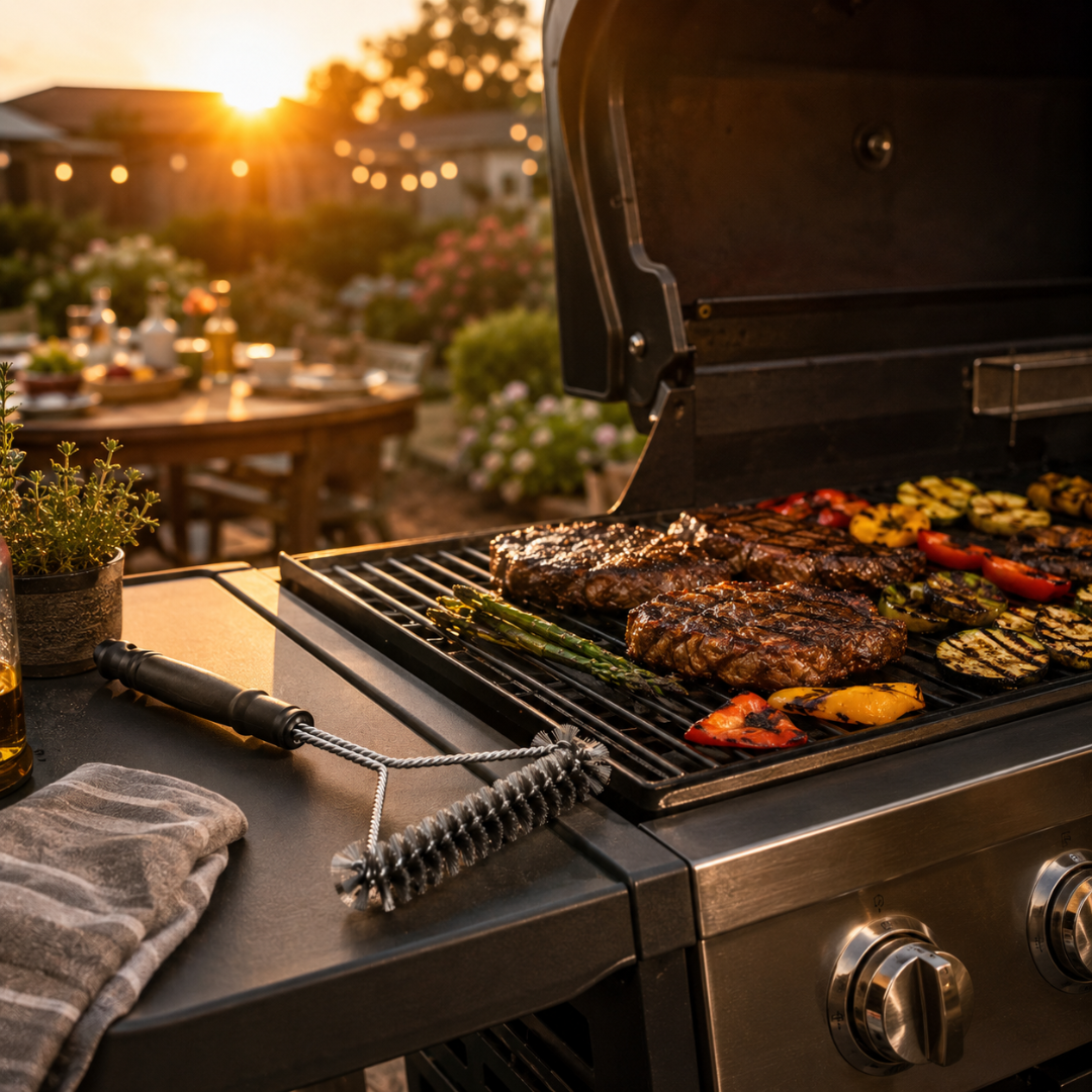 Josh & Tate - GrillBrush™ Stainless Grate Cleaner - A stainless steel outdoor gas grill is shown open at sunset, cooking several steaks with vegetables on the grate. A grill brush and towel rest on the grill's side table, with a blurred backyard patio scene in the background.