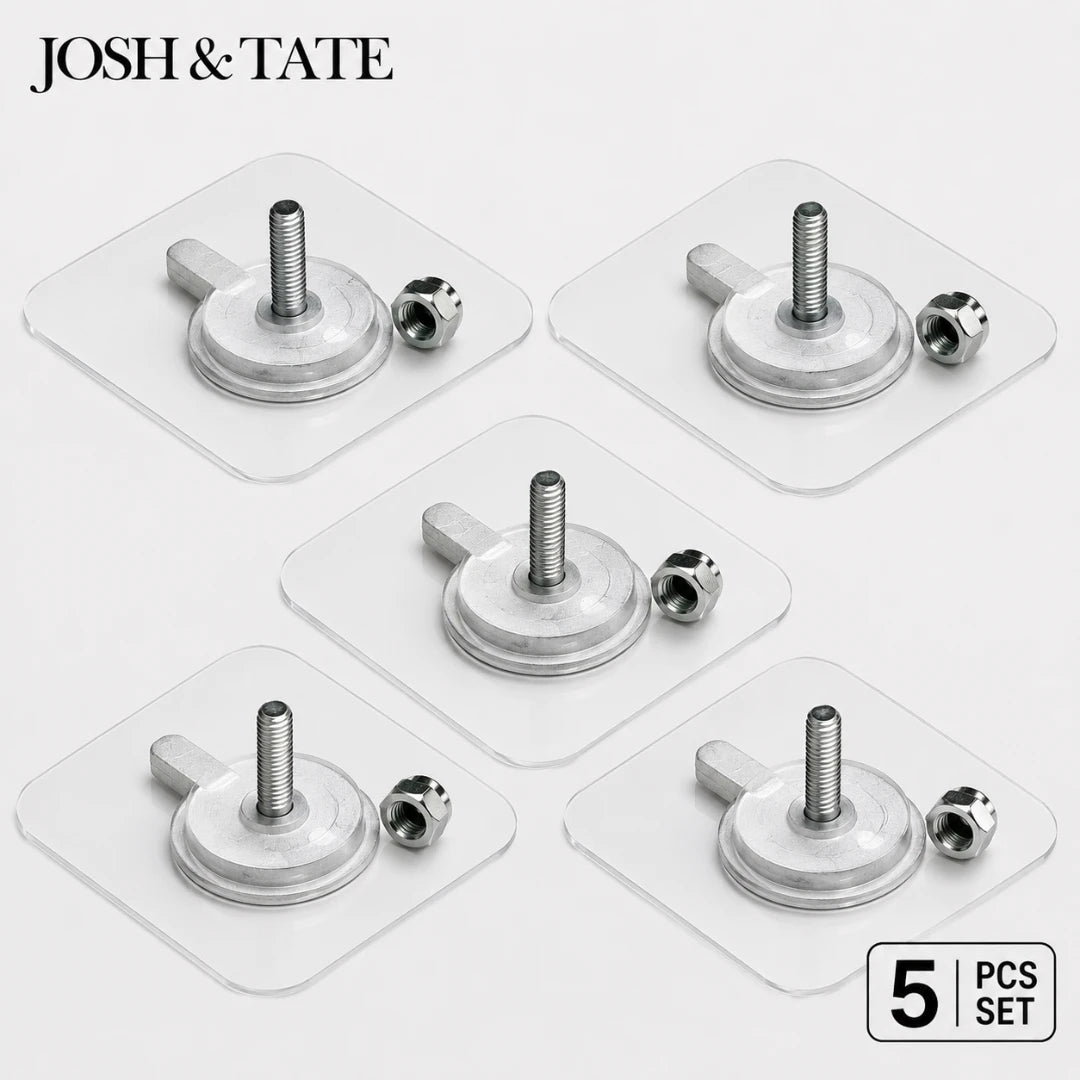 Josh & Tate - GripDot™ Adhesive Wall Hook - Set of five metal furniture casters on clear stands with 'Josh & Tate' branding.
