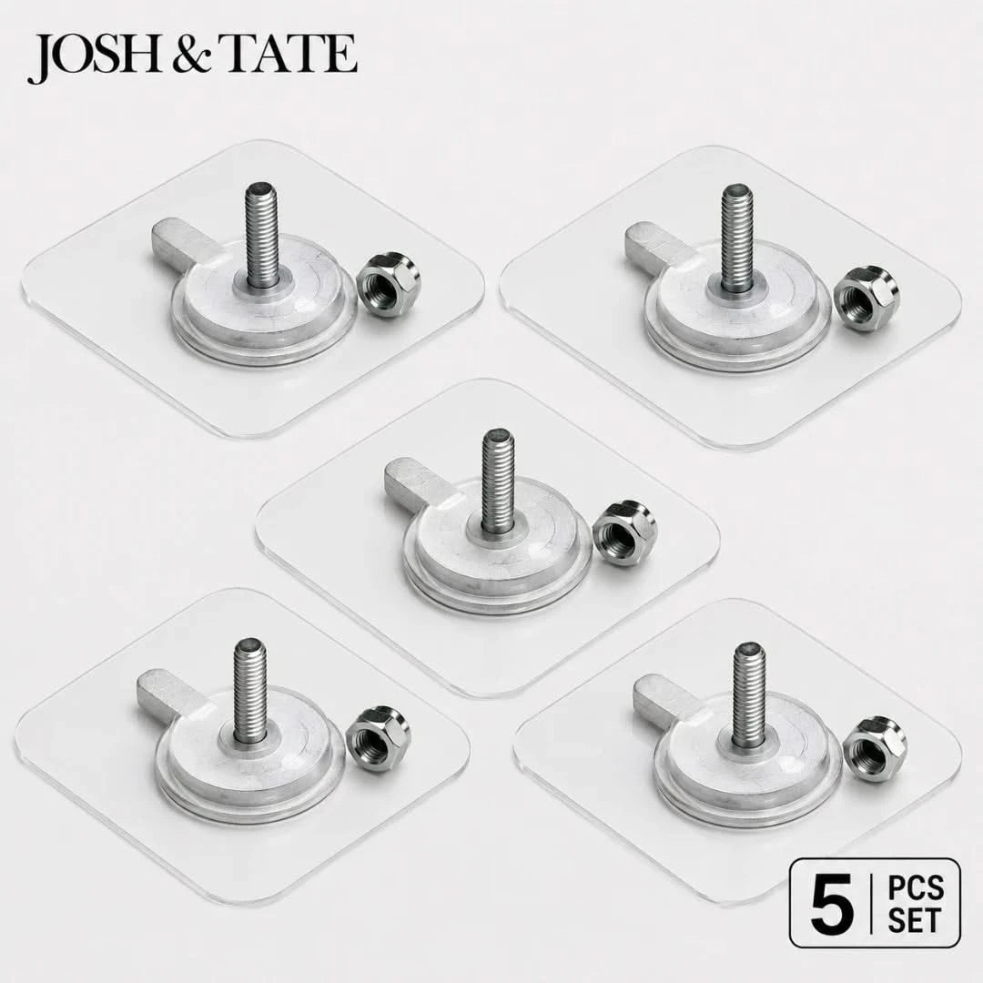 Josh & Tate - GripDot™ Adhesive Wall Hook - Set of five metal furniture casters on clear stands with 'Josh & Tate' branding.