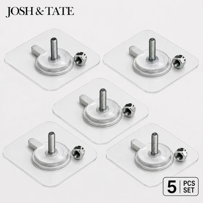 Josh & Tate - GripDot™ Adhesive Wall Hook - Set of five metal furniture casters on clear stands with 'Josh & Tate' branding.