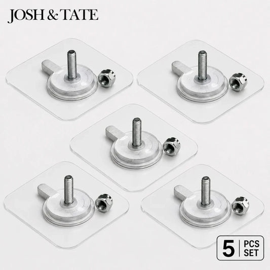 Josh & Tate - GripDot™ Adhesive Wall Hook - Set of five metal furniture casters on clear stands with 'Josh & Tate' branding.