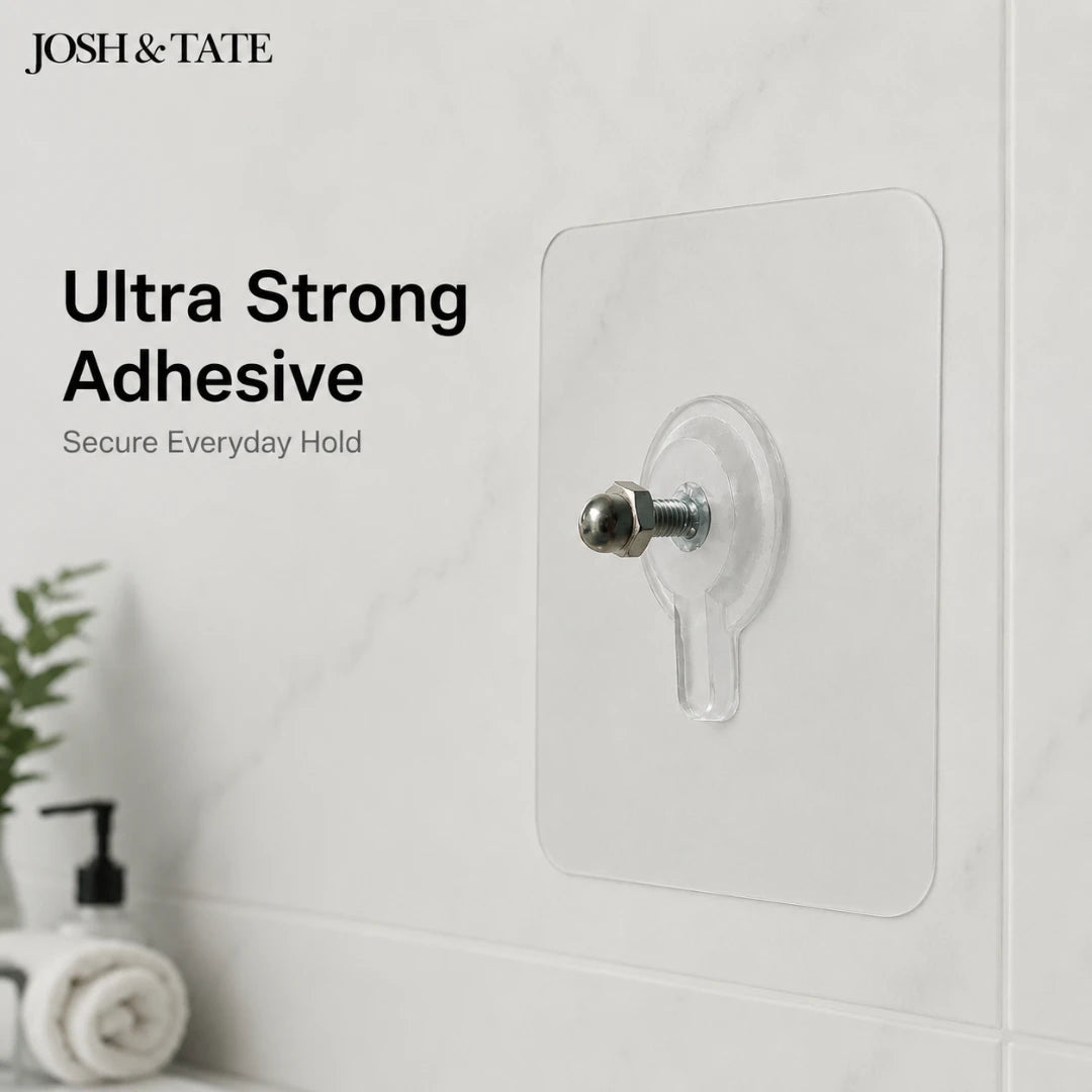 Josh & Tate - GripDot™ Adhesive Wall Hook - Ultra strong adhesive hook on a white wall with 'Josh & Tate' branding.