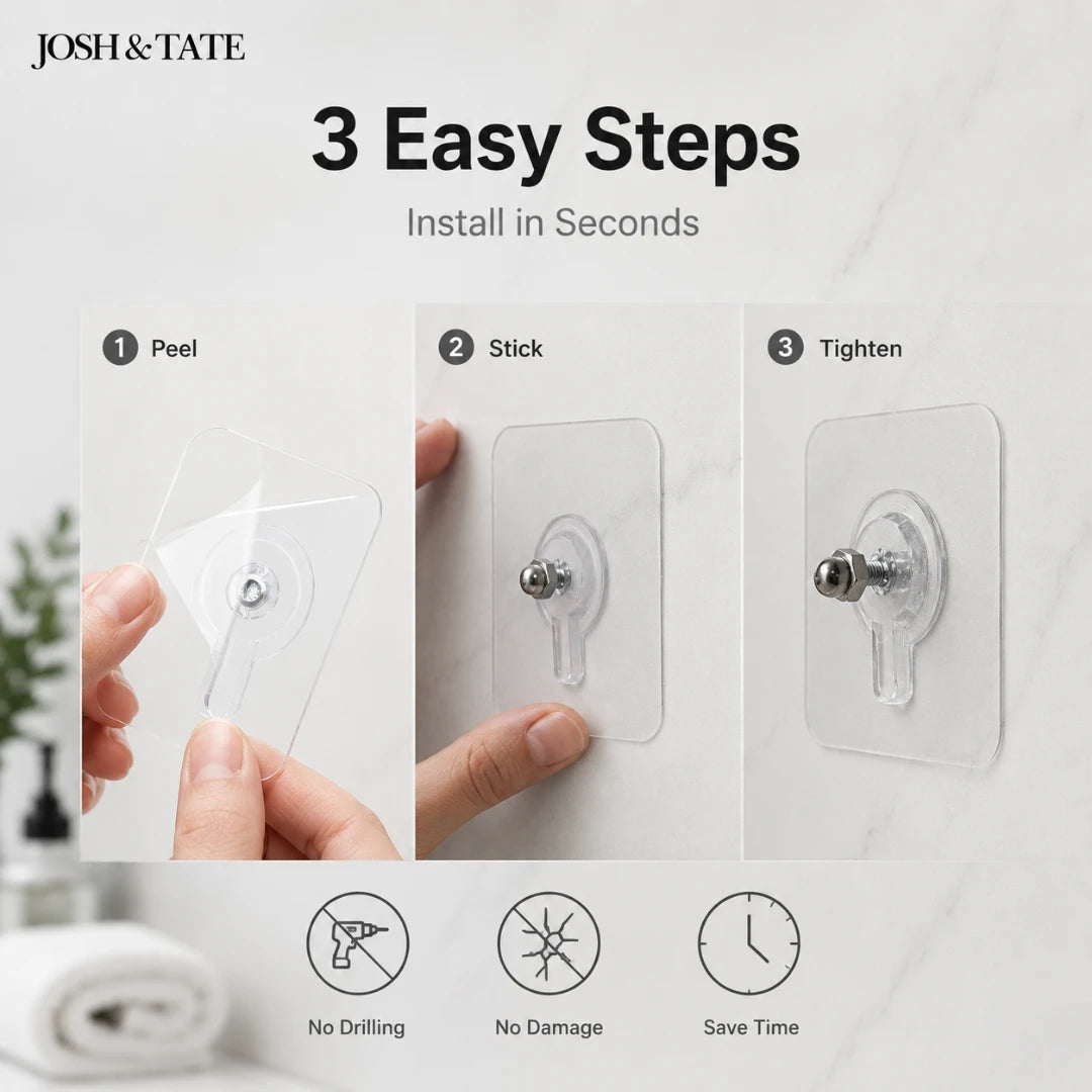 Josh & Tate - GripDot™ Adhesive Wall Hook - Step-by-step guide for installing wall hooks with 'Josh & Tate' branding.