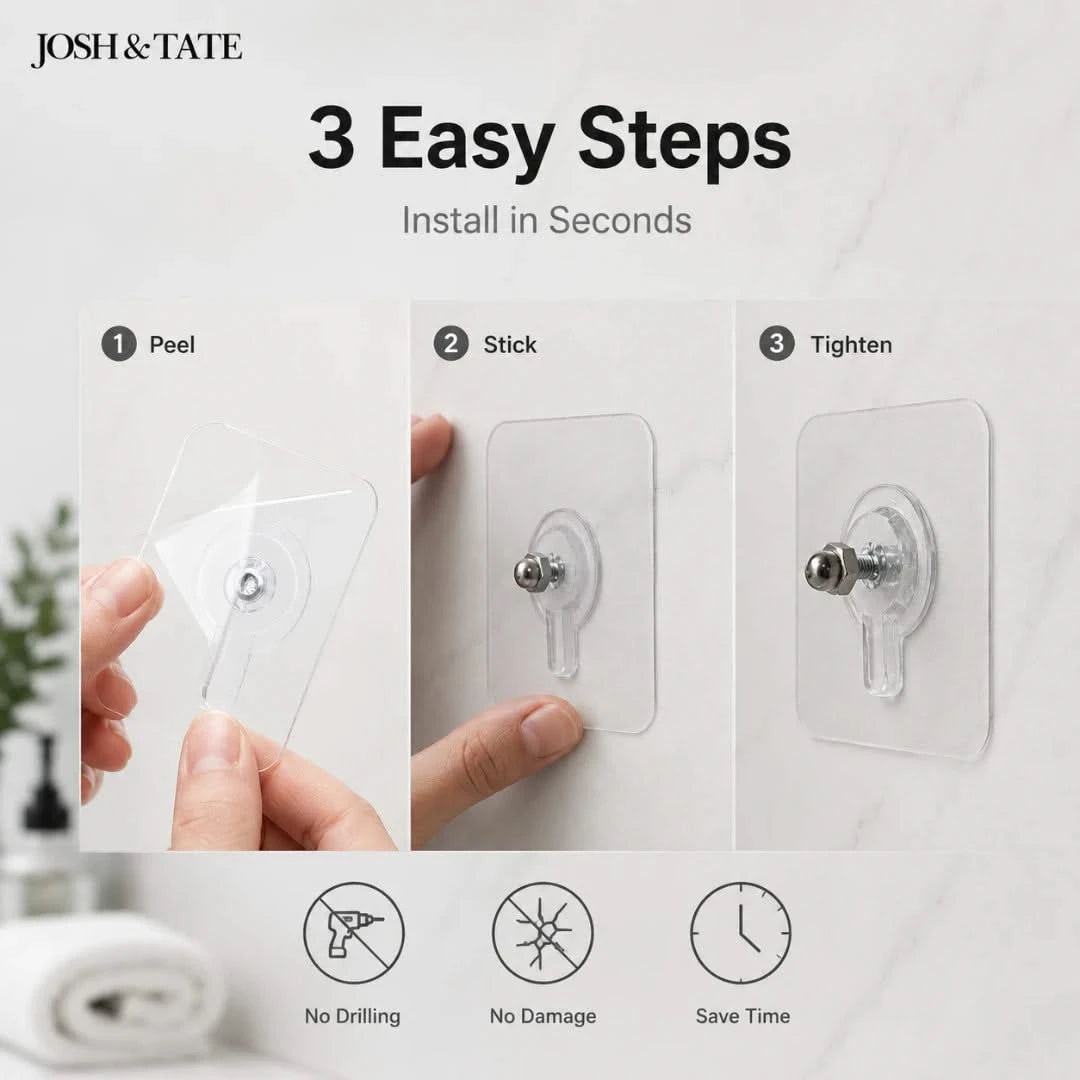 Josh & Tate - GripDot™ Adhesive Wall Hook - Step-by-step guide for installing wall hooks with 'Josh & Tate' branding.