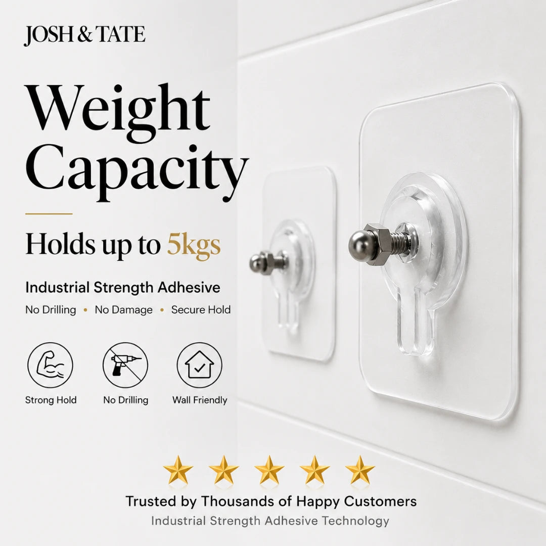Josh & Tate - GripDot™ Adhesive Wall Hook - Wall adhesive with text about weight capacity, adhesive strength, and customer trust on a white background.