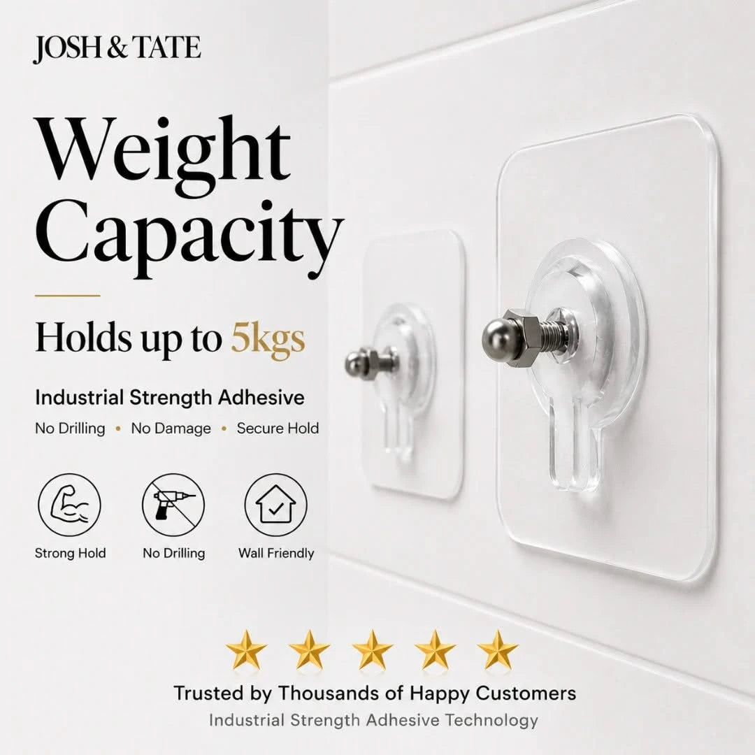 Josh & Tate - GripDot™ Adhesive Wall Hook - Wall adhesive with text about weight capacity, adhesive strength, and customer trust on a white background.
