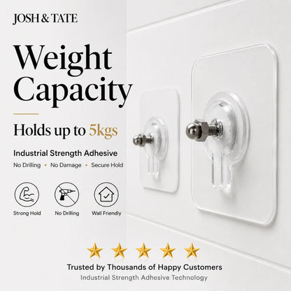 Josh & Tate - GripDot™ Adhesive Wall Hook - Wall adhesive with text about weight capacity, adhesive strength, and customer trust on a white background.