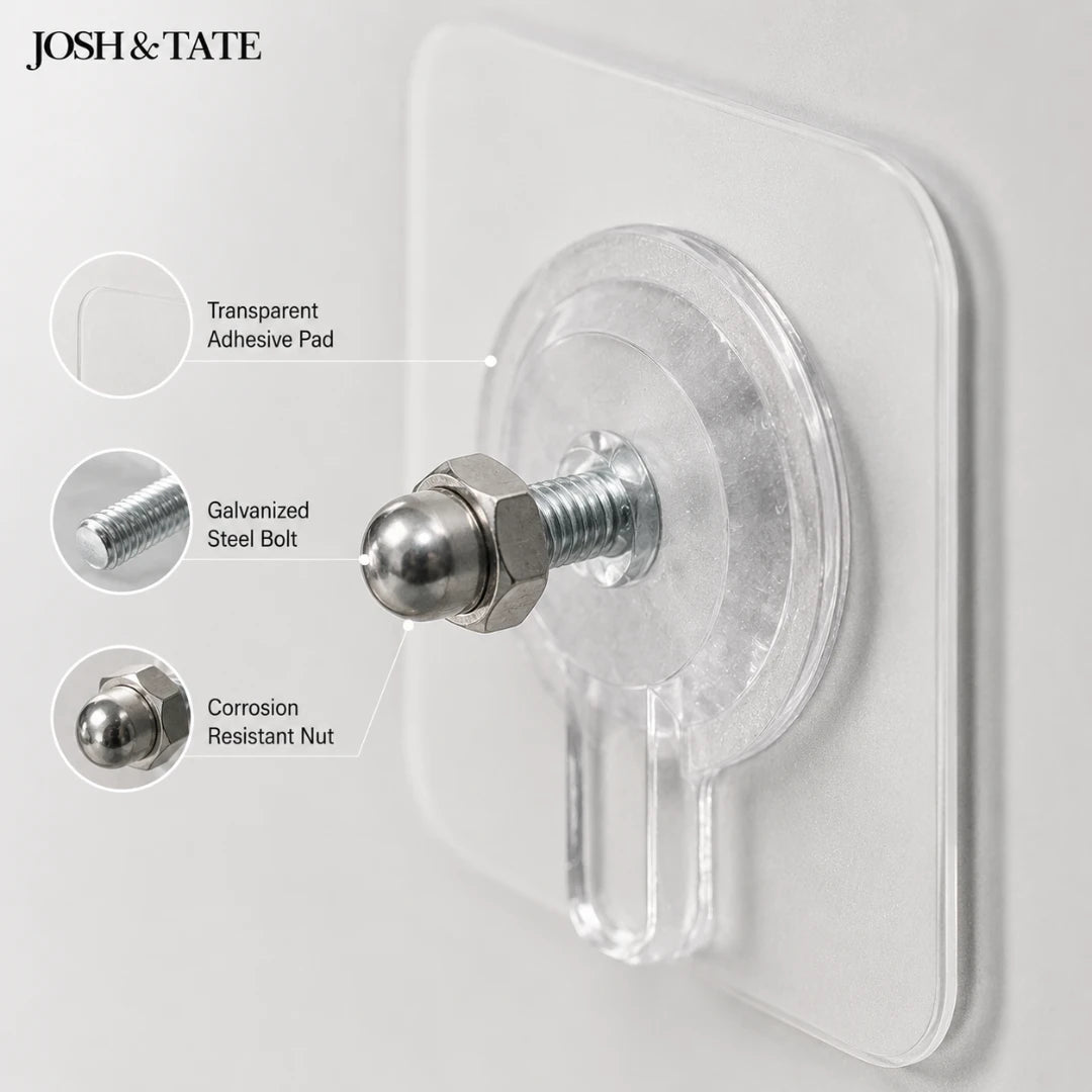 Josh & Tate - GripDot™ Adhesive Wall Hook - Transparent adhesive pad with galvanized steel bolt and corrosion-resistant nut on a white background, featuring Josh & Tate branding.
