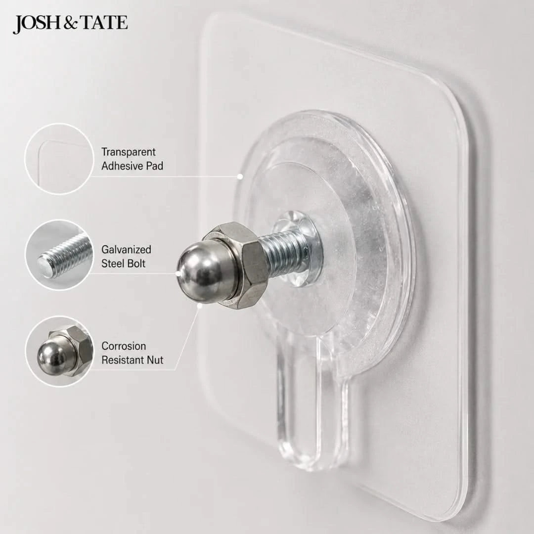 Josh & Tate - GripDot™ Adhesive Wall Hook - Transparent adhesive pad with galvanized steel bolt and corrosion-resistant nut on a white background, featuring Josh & Tate branding.