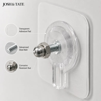 Josh & Tate - GripDot™ Adhesive Wall Hook - Transparent adhesive pad with galvanized steel bolt and corrosion-resistant nut on a white background, featuring Josh & Tate branding.