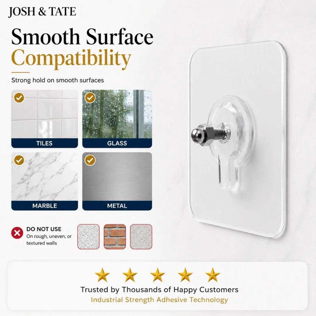Josh & Tate - GripDot™ Adhesive Wall Hook - Product advertisement for Josh & Tate adhesive with compatibility information on a white background