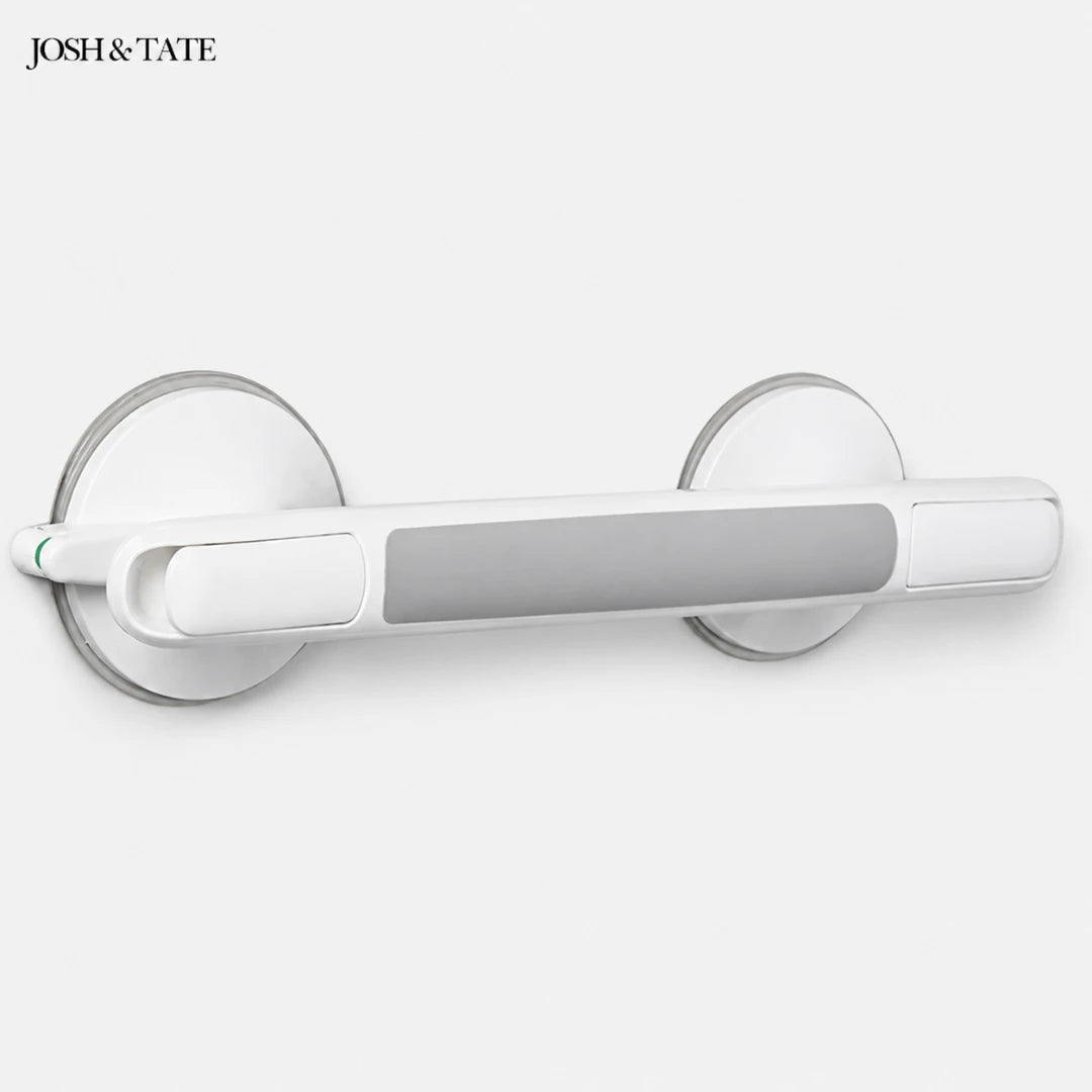 Josh & Tate - GripSafe™ Suction Shower Grab Bar - White and gray door handle on a white background with 'JOSH & TATE' branding.