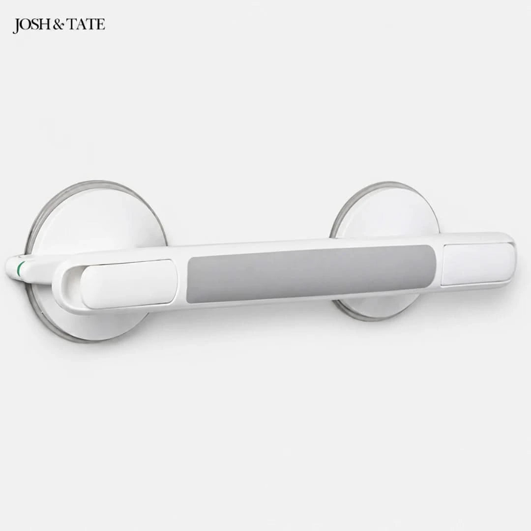 Josh & Tate - GripSafe™ Suction Shower Grab Bar - White and gray door handle on a white background with 'JOSH & TATE' branding.