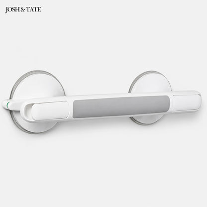 Josh & Tate - GripSafe™ Suction Shower Grab Bar - White and gray door handle on a white background with 'JOSH & TATE' branding.
