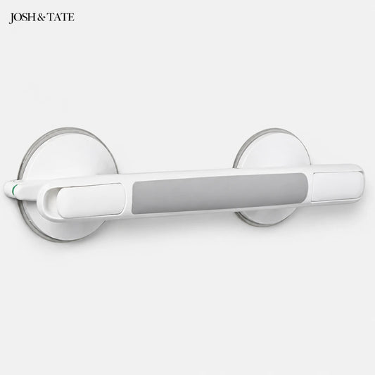 Josh & Tate - GripSafe™ Suction Shower Grab Bar - White and gray door handle on a white background with 'JOSH & TATE' branding.