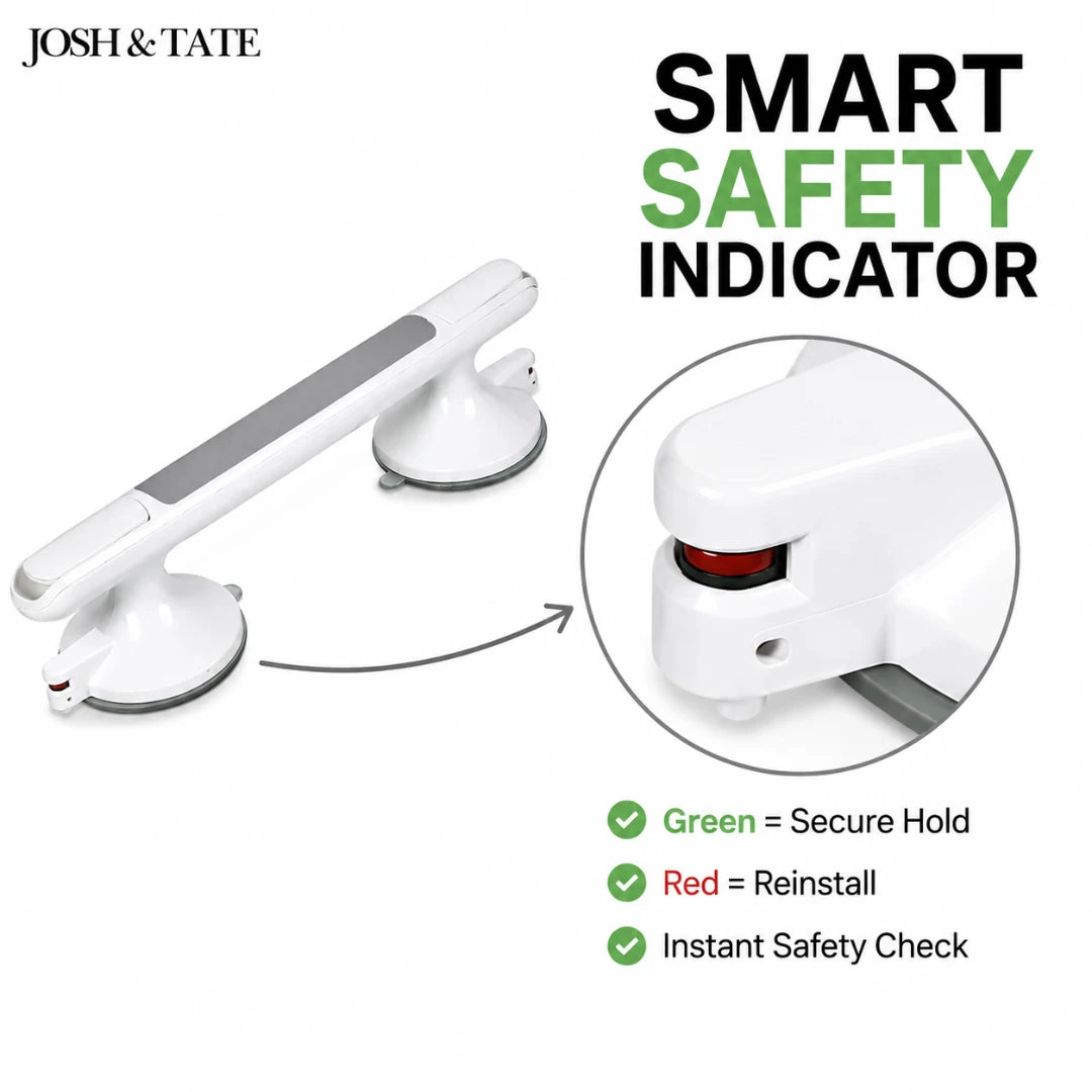 Josh & Tate - GripSafe™ Suction Shower Grab Bar - Smart safety indicator device with green and red indicators on a white background, featuring the brand 'Josh & Tate'.