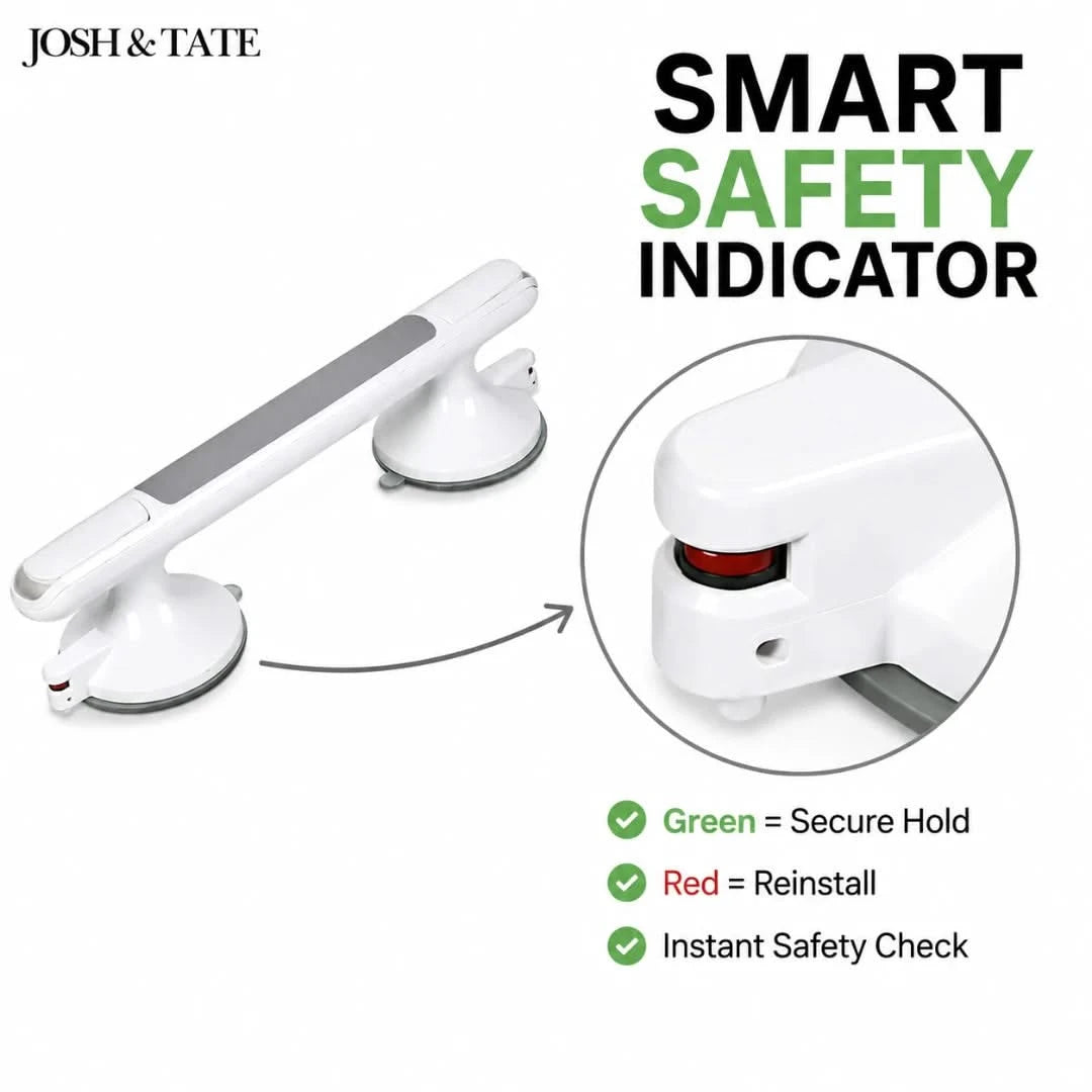 Josh & Tate - GripSafe™ Suction Shower Grab Bar - Smart safety indicator device with green and red indicators on a white background, featuring the brand 'Josh & Tate'.