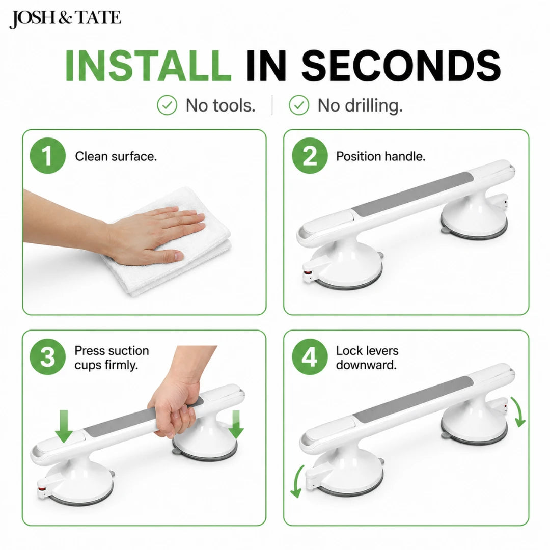 Josh & Tate - GripSafe™ Suction Shower Grab Bar - Step-by-step installation guide for a product with 'JOSH & Tate' branding.