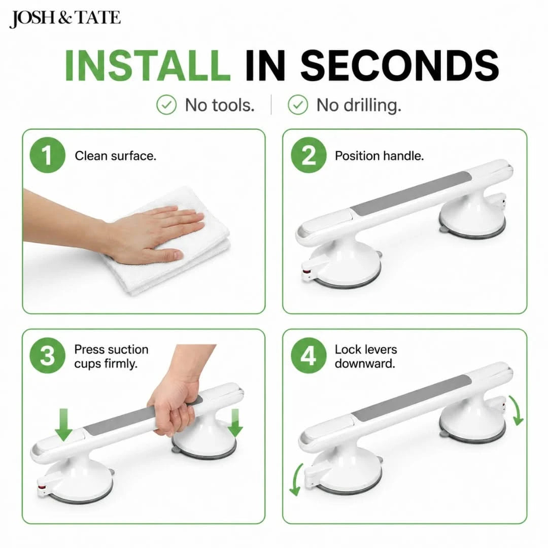 Josh & Tate - GripSafe™ Suction Shower Grab Bar - Step-by-step installation guide for a product with 'JOSH & Tate' branding.