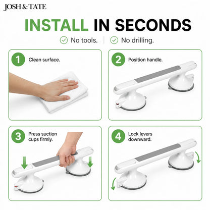 Josh & Tate - GripSafe™ Suction Shower Grab Bar - Step-by-step installation guide for a product with 'JOSH & Tate' branding.