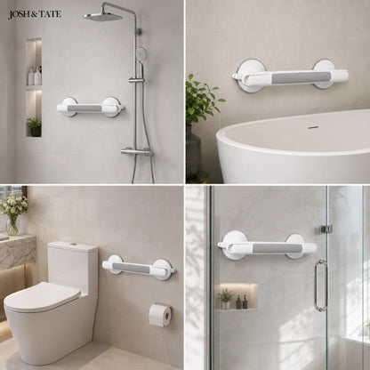 Josh & Tate - GripSafe™ Suction Shower Grab Bar - Bathroom fixtures including a shower, bathtub, toilet, and grab bars with 'Josh & Tate' branding.