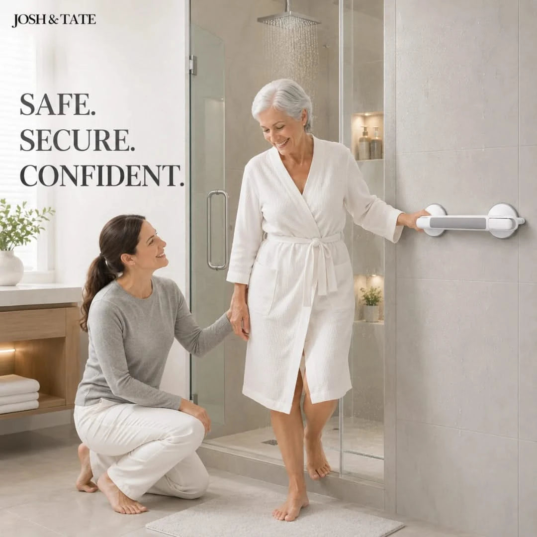 Josh & Tate - GripSafe™ Suction Shower Grab Bar - Two women in a bathroom with one helping the other into a shower, featuring Josh & Tate products.