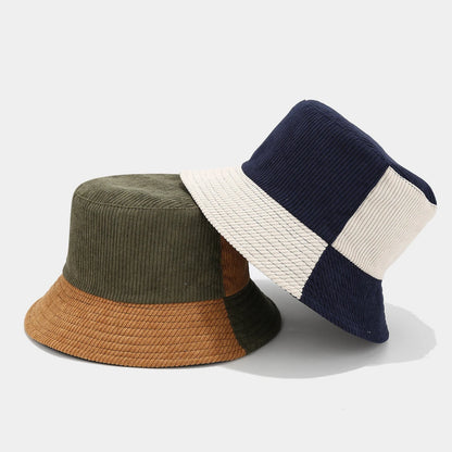 Josh & Tate - HalfTone™ Corduroy Bucket Hat - Two bucket hats, one green with brown brim and the other navy with white and beige pattern, on a light gray background.