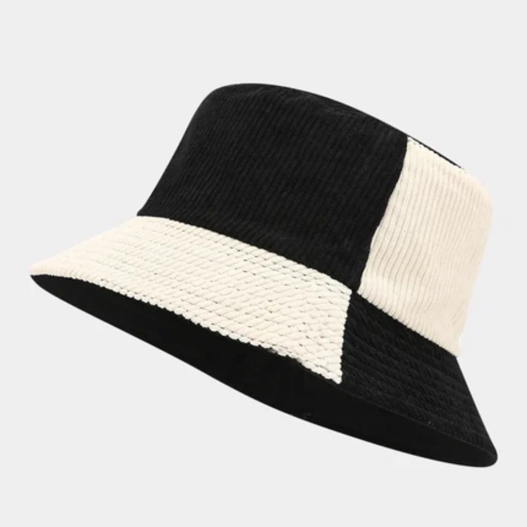 Josh & Tate - HalfTone™ Corduroy Bucket Hat - Black and white bucket hat on a light gray background