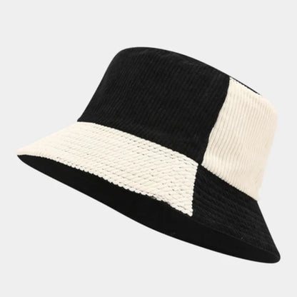 Josh & Tate - HalfTone™ Corduroy Bucket Hat - Black and white bucket hat on a light gray background