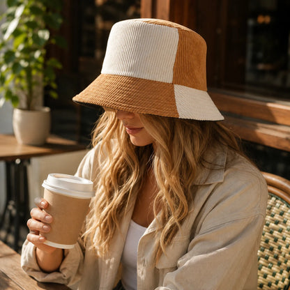 Josh & Tate - HalfTone™ Corduroy Bucket Hat - A woman wearing a patchwork bucket hat in beige and off-white corduroy sits at an outdoor cafe, holding a paper coffee cup.