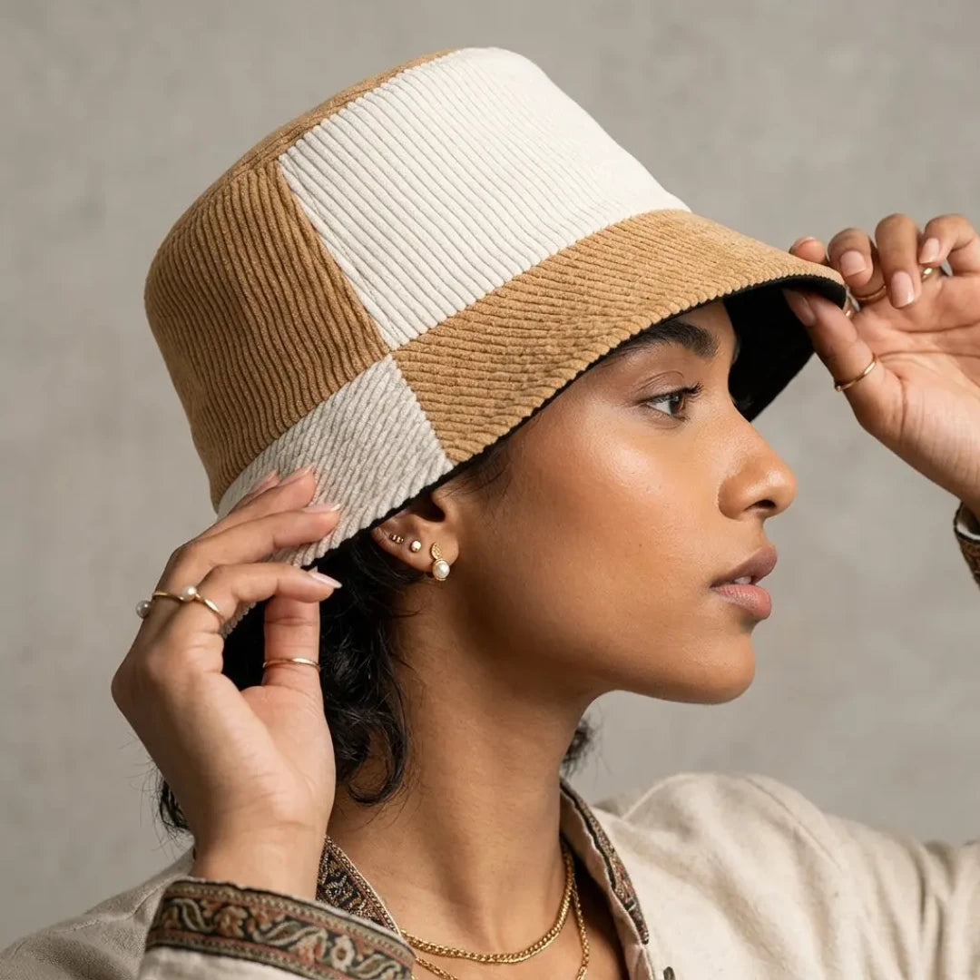 Josh & Tate - HalfTone™ Corduroy Bucket Hat - Woman wearing a beige and white bucket hat against a neutral background